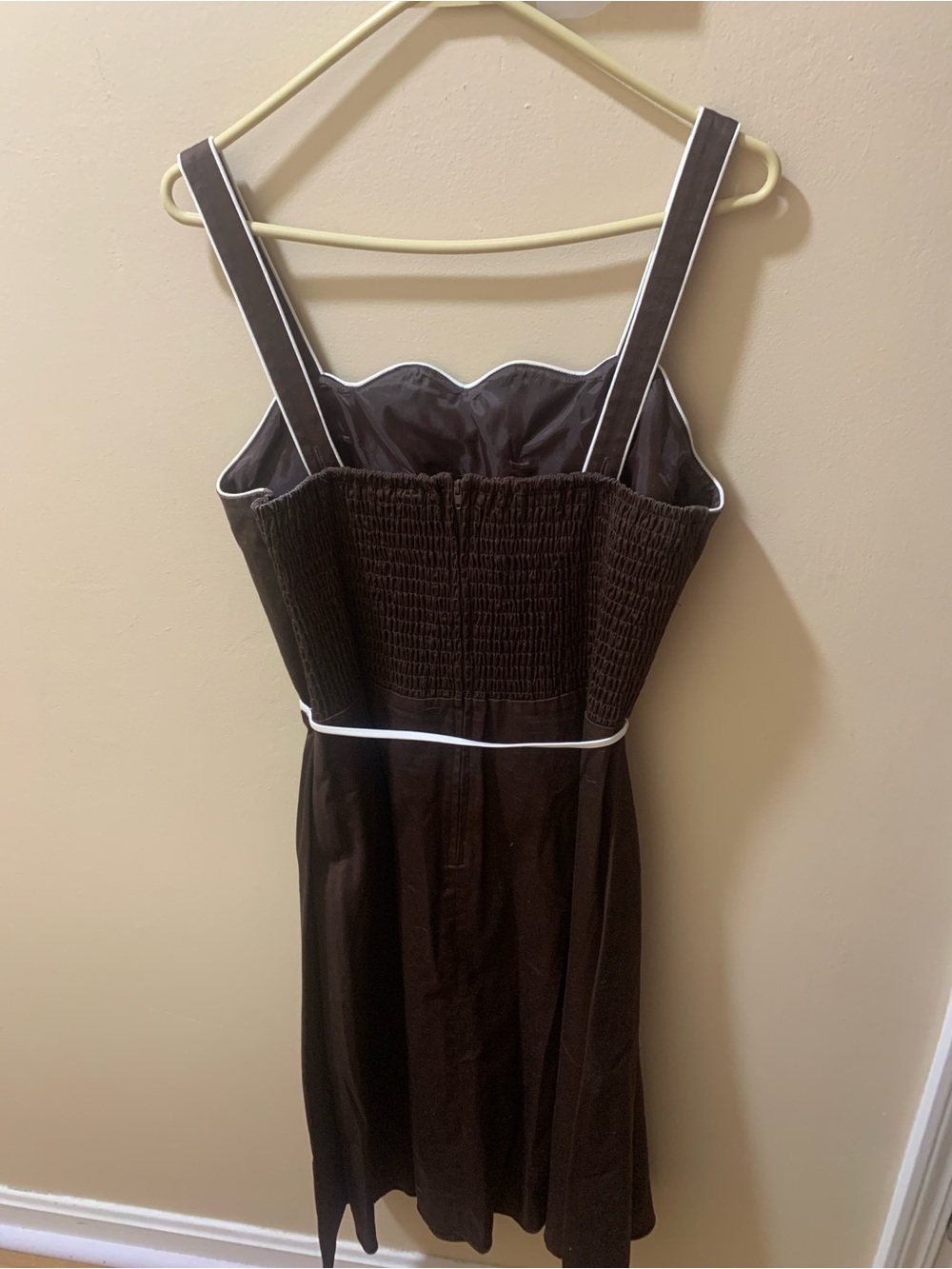 Black Smocked Midi Dress with White Piping